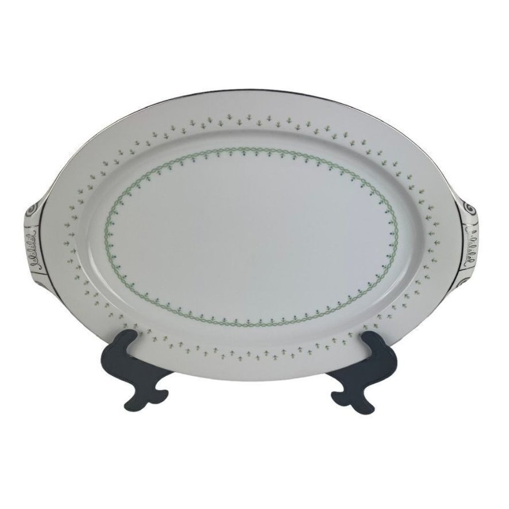 Narumi Fine China La Salle Oval Platter Handles Silver Accents Midcentury Japan